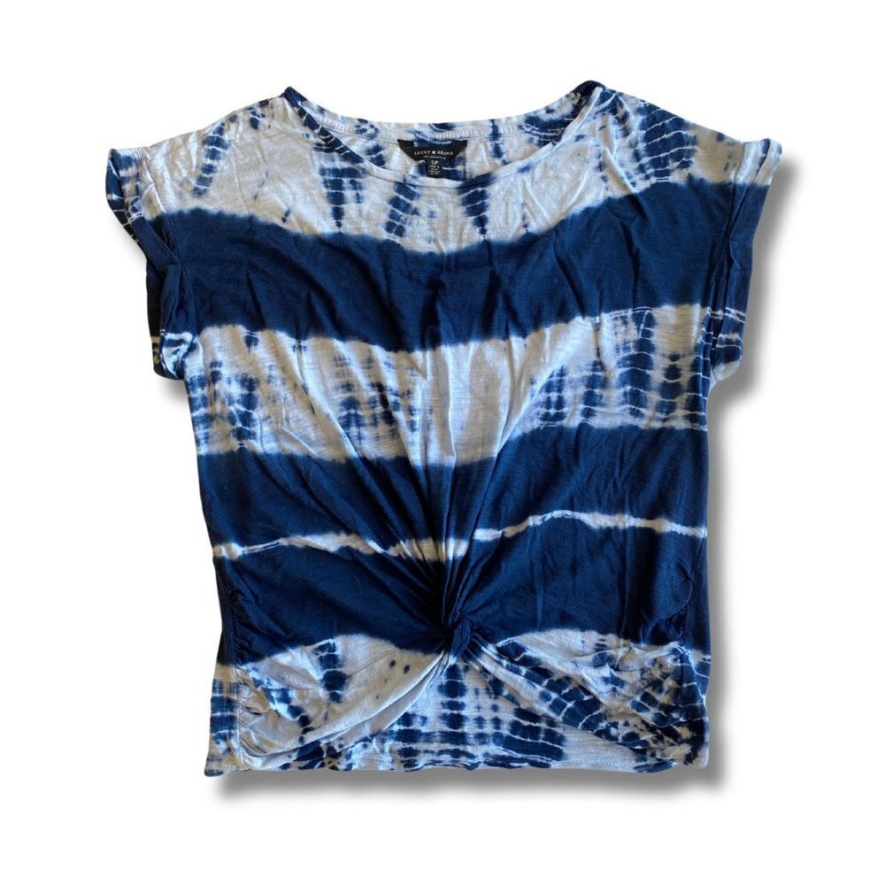 Lucky Brand Women’s Tie Dye Blue and White Swirl Twist Front Tee Size Small GUC